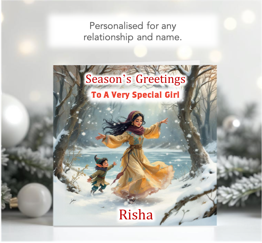 Personalised Season's Greetings Card - Young Girl running with Elf