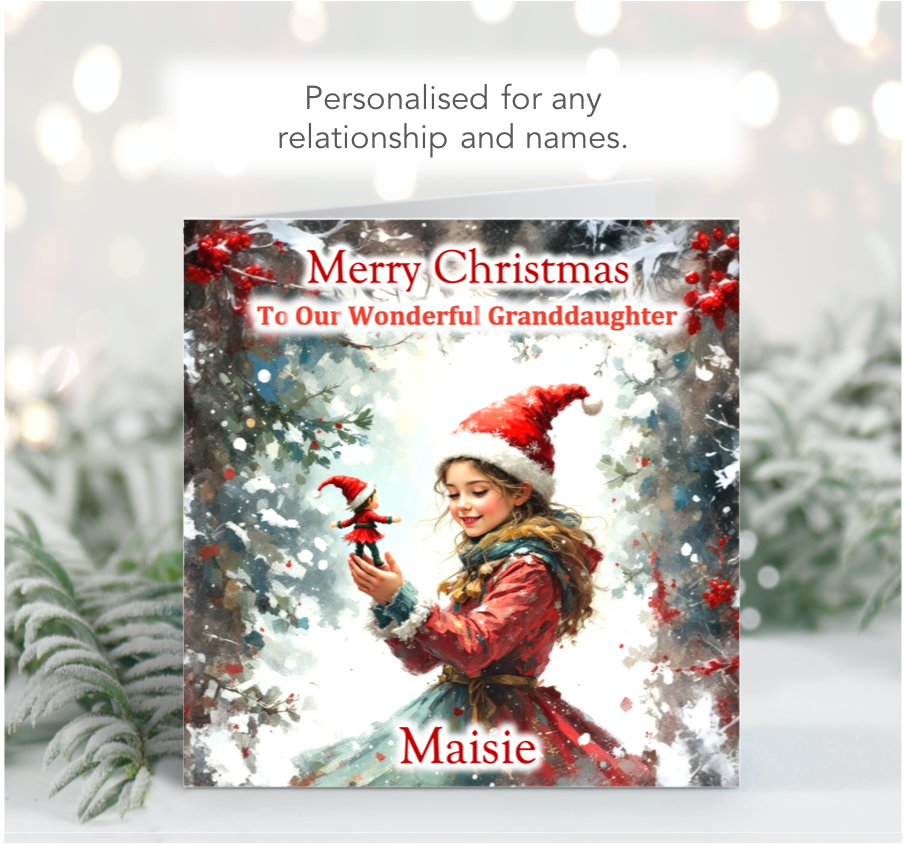 Personalised Card of Young Girl holding an Elf
