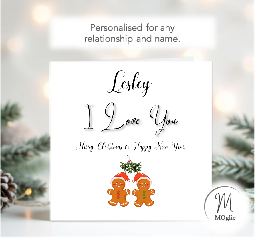 Personalised "I Love You" Christmas Card – Romantic Gingerbread Design