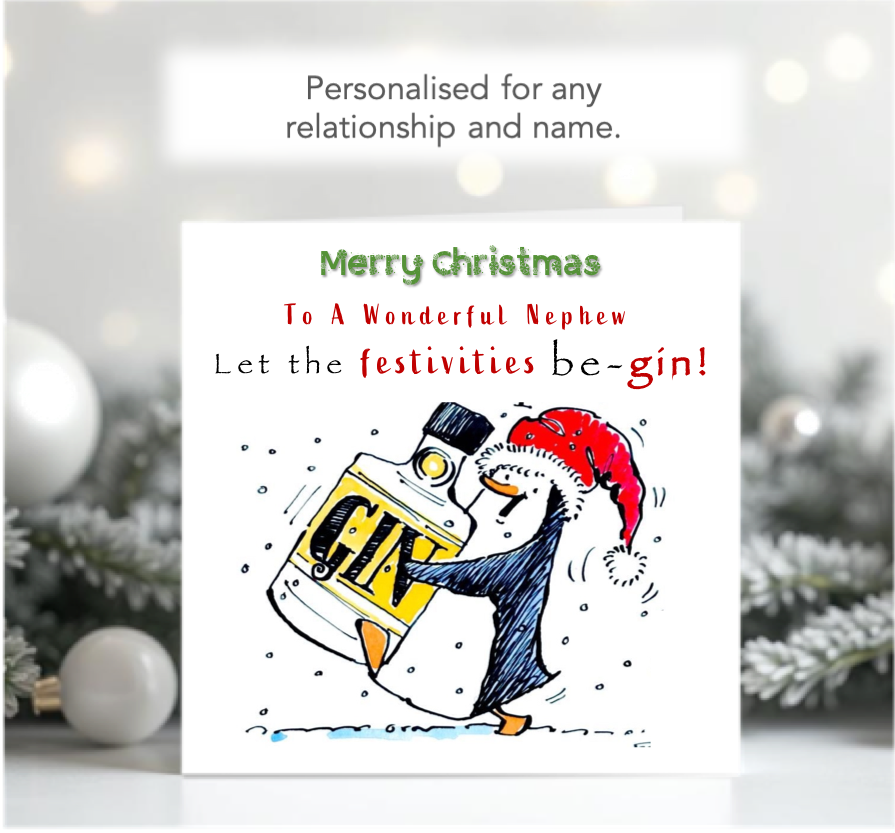 Personalised Christmas be-gin card from a family, club, or business