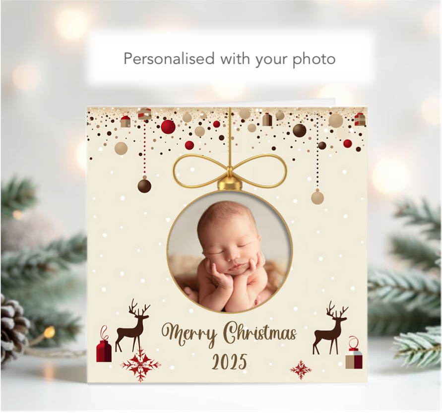 Personalised Christmas Xmas bauble card with Baby photo