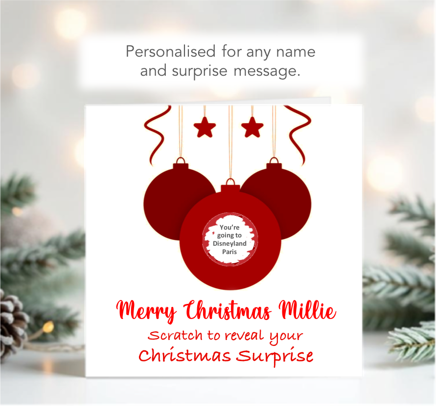 Personalised Christmas Red Bauble Scratch-To-Reveal Card