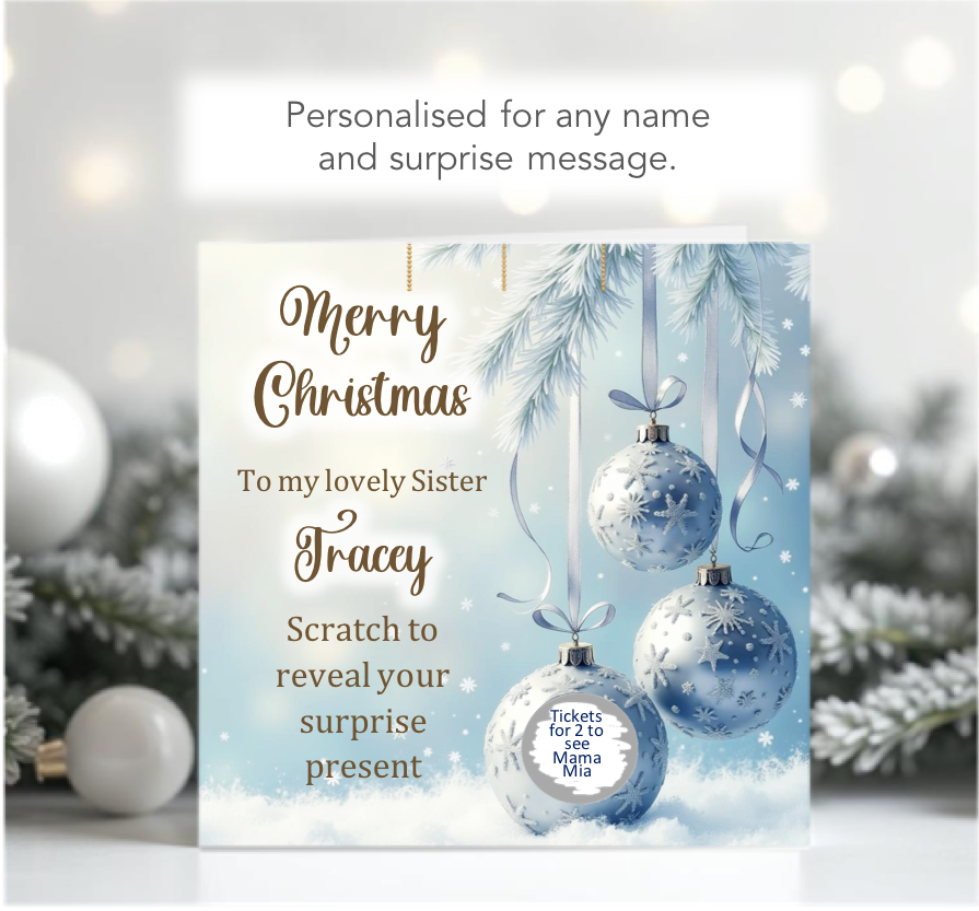 Personalised Christmas Blue Bauble Scratch-To-Reveal card