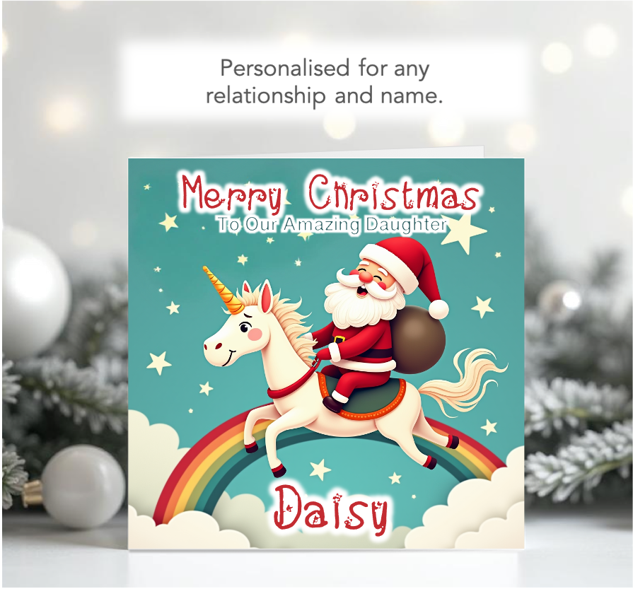 Personalised Santa riding on a Unicorn Christmas Card