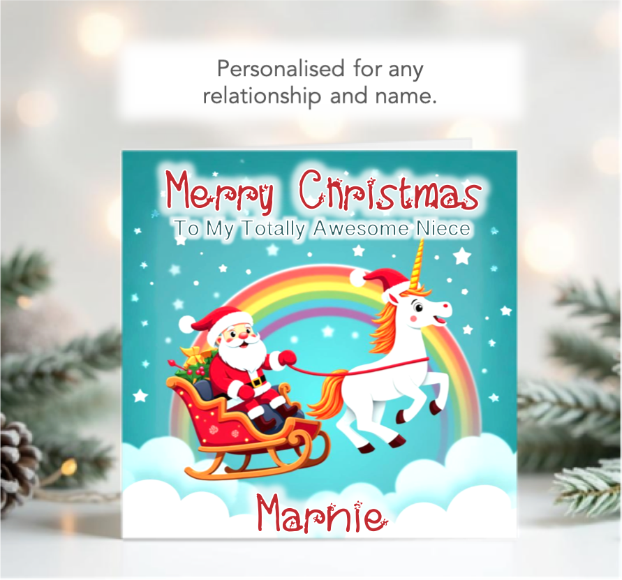 Personalised Santa sleigh with a Unicorn Christmas Card