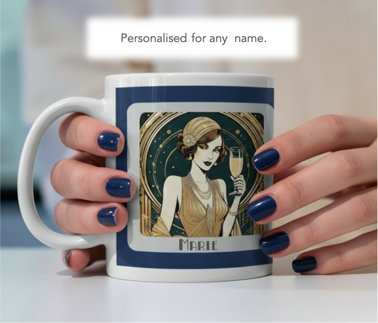 Personalised Art Deco Flapper Mug Gift for Her: 1920s Champagne Design
