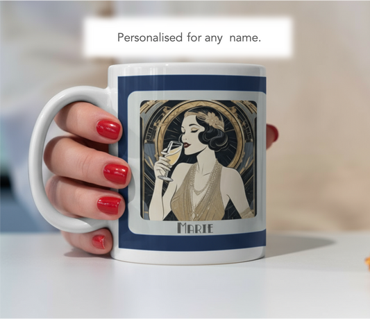 Personalised Art Deco Mug Gift - Glamorous 1920s Lady with Champagne