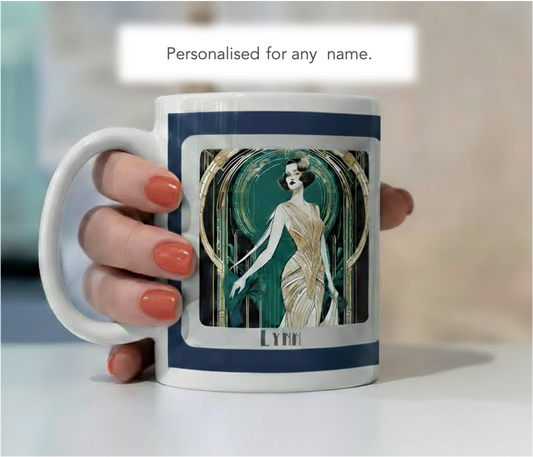 Personalised Art Deco Mug Gift – Elegant 1920s Lady in Gold Dress