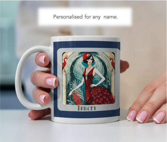 Personalised Art Deco Mug Gift Elegant 1920s Lady in Red Peacock Feathers