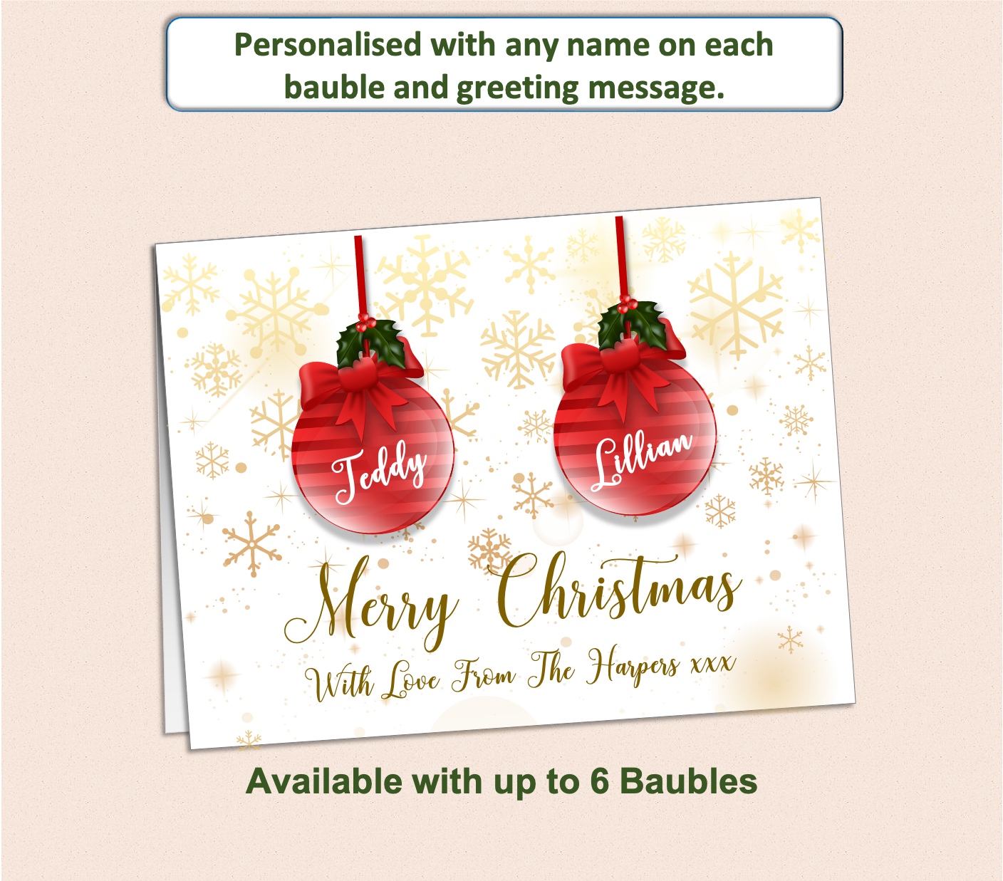 Personalised Christmas card of baubles each printed with the name of a recipient