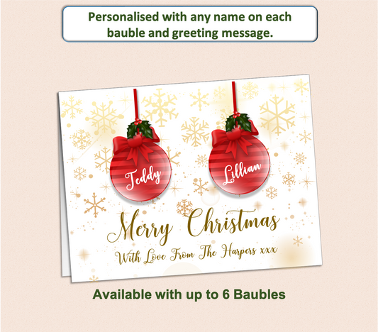 Personalised Christmas card of baubles each printed with the name of a recipient
