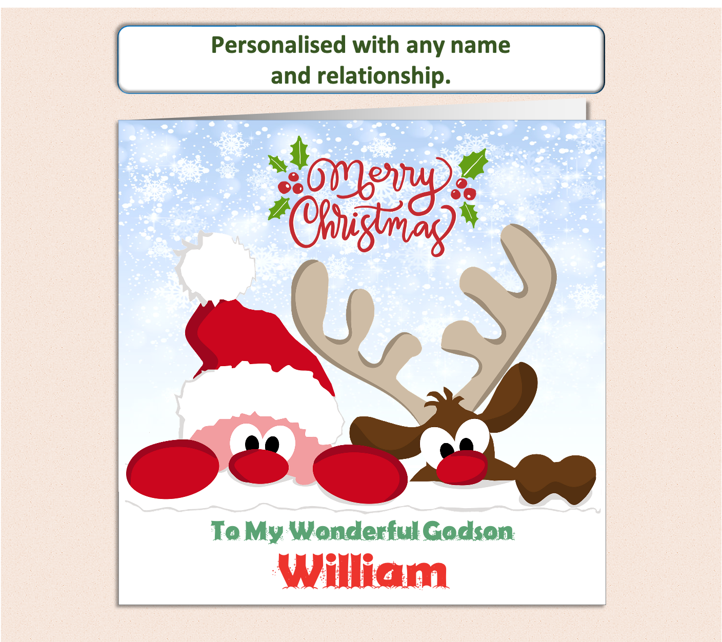 joyful design of santa and reindeer peering over snow. Fully personalised christmas card