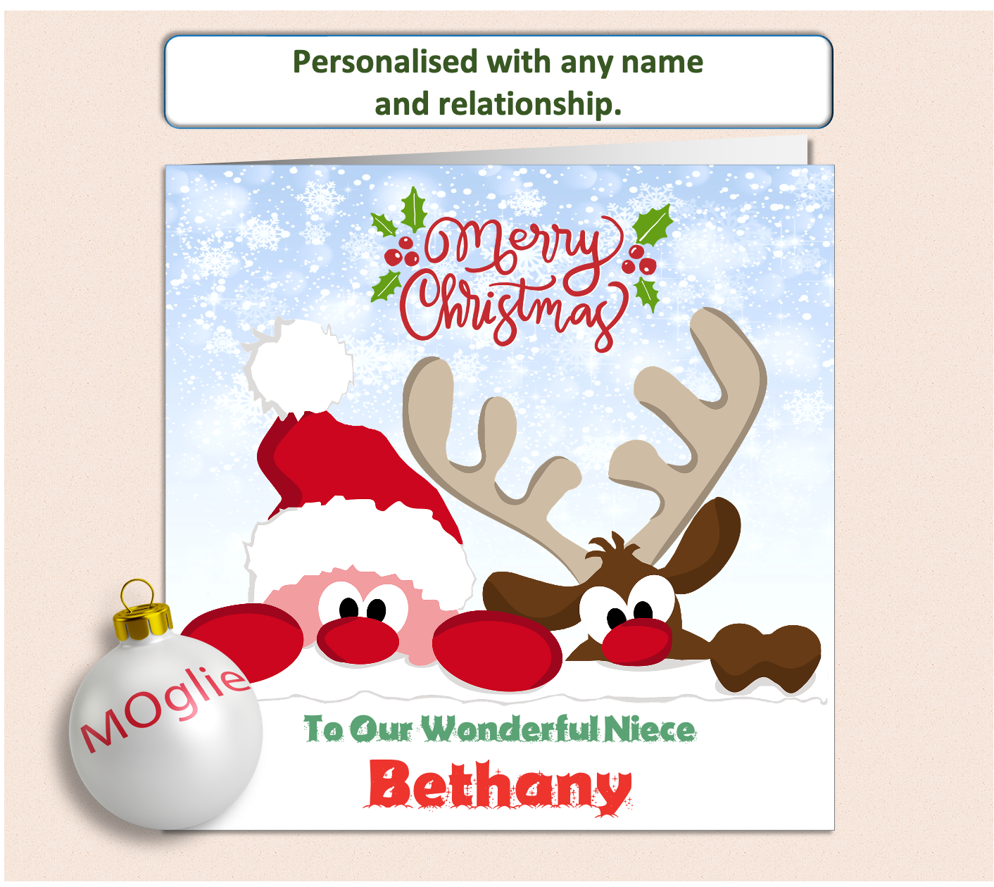 joyful design of santa and reindeer peering over snow. Fully personalised christmas card