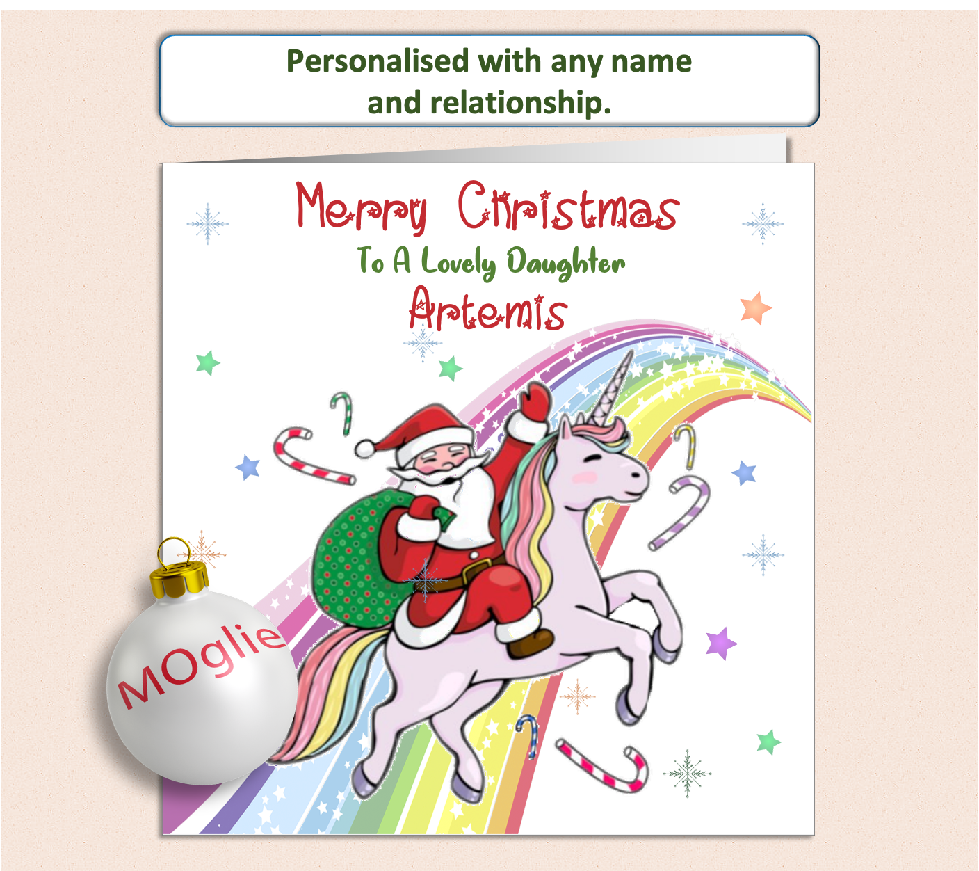 Personalised Unicorn with Santa Christmas Card