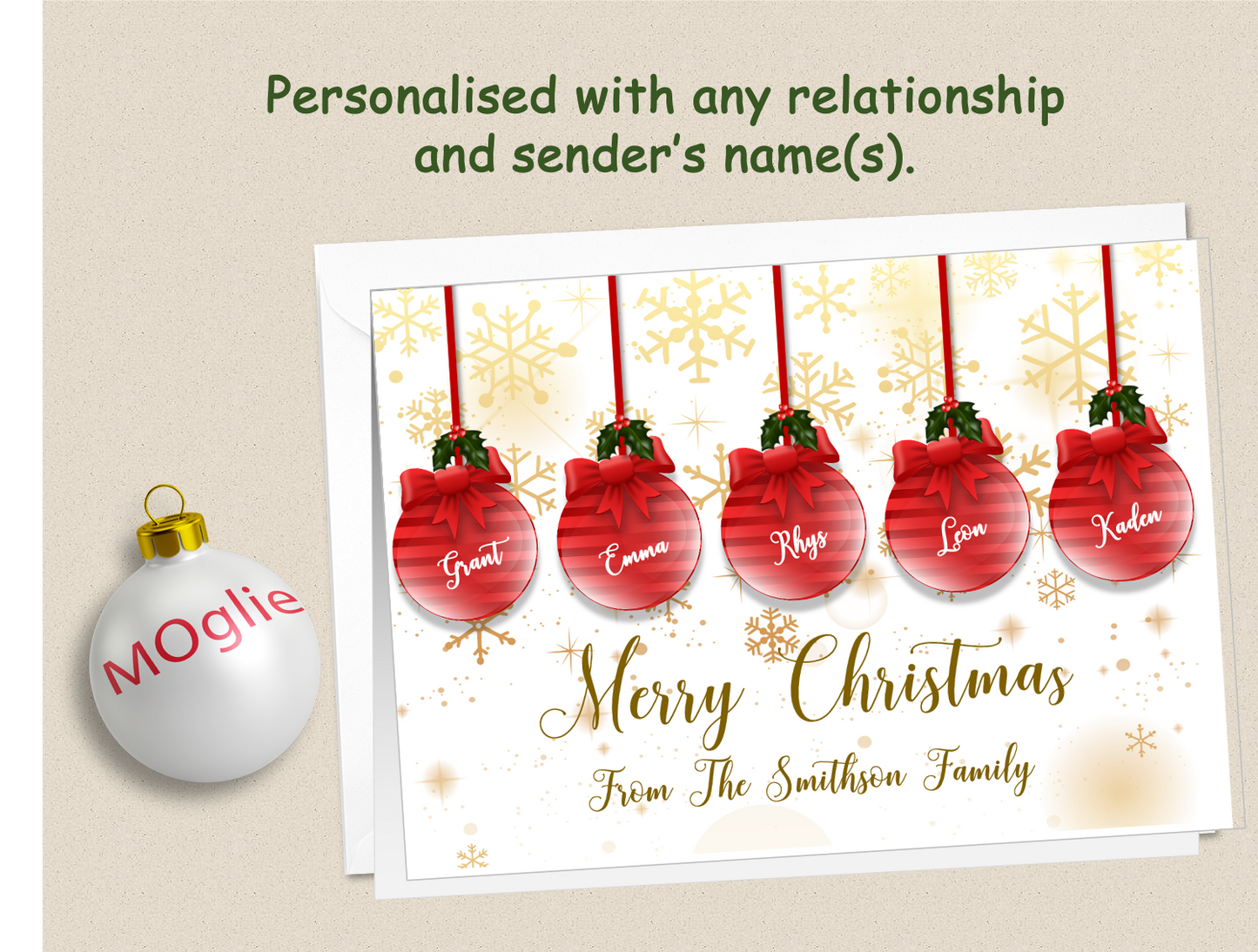 Personalised Christmas Xmas Bauble card with names and family name - BAUB1