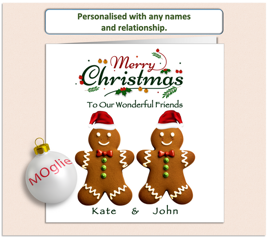 two gingerbread people with Christmas hats side by side. Merry Christmas scroll text and recipients names