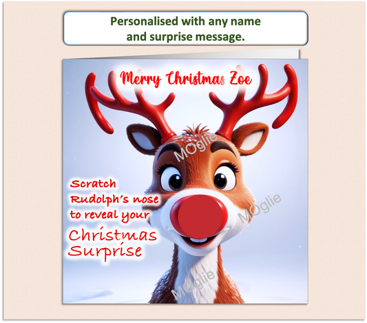 charming card of Rudolph red nosed reindeer with a scratch to reveal red circle on his nose. For surprise present giving.
