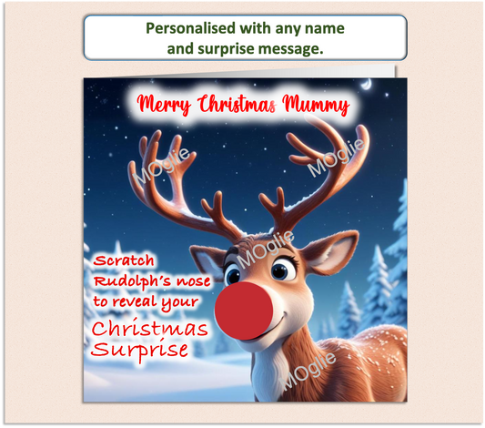 charming card of Rudolph red nosed reindeer with a scratch to reveal red circle on his nose. For surprise present giving.