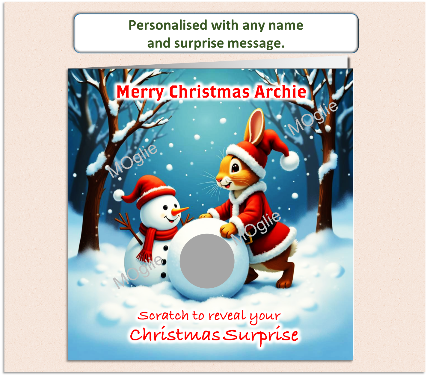 Christmas scene of Peter Rabbit in a Santa suit with a snowman and a snowball that has a scratch to revel panel on it