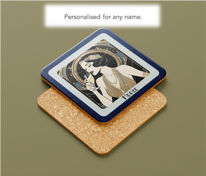 Personalised Art Deco Coaster – 1920s Glam Golden Lady with Champagne