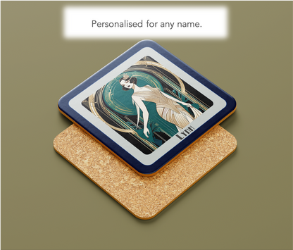 Personalised Art Deco Coaster Gift – Elegant Flapper Lady in Gold Dress