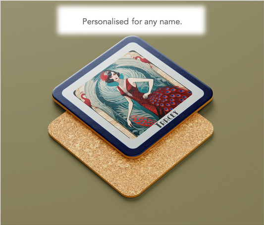 Personalised Art Deco Coaster Gift – Glamorous Lady in Red Peacock Dress