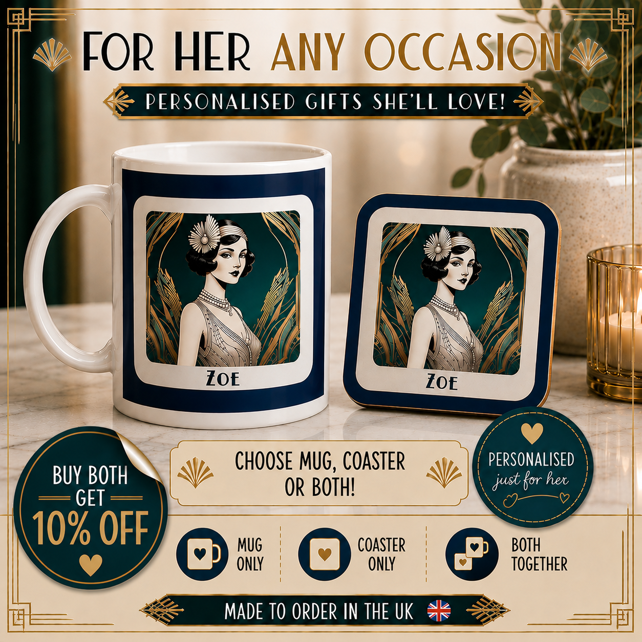 Personalised Art Deco Mug & Coaster Set: 1920s Flapper Design, Elegant Gift