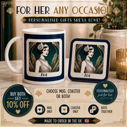 Personalised Art Deco Mug & Coaster Set: 1920s Flapper Design, Elegant Gift