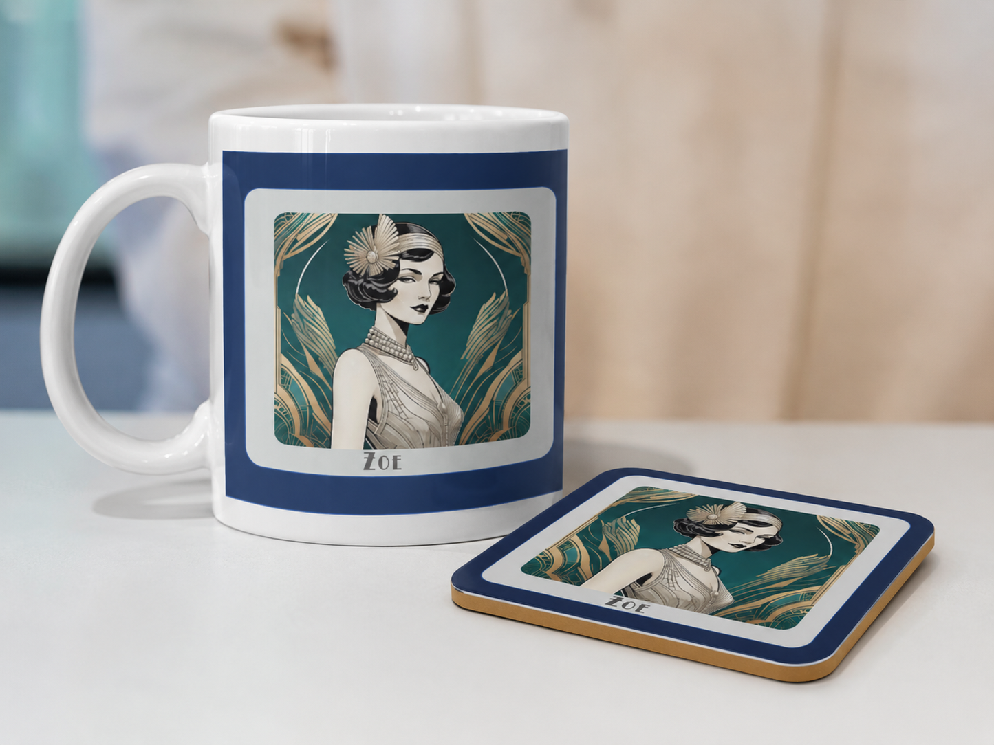 Personalised Art Deco Mug & Coaster Set: 1920s Flapper Design, Elegant Gift