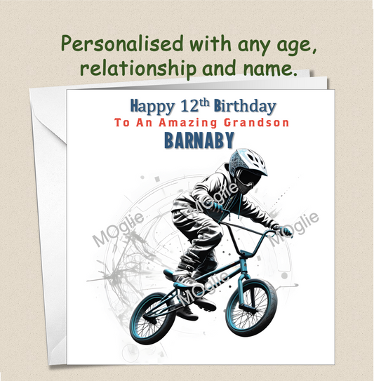 Personalised BMX biker Birthday teenager pre-teen card BMX2