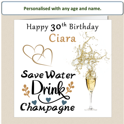 Personalised Drink Champagne Birthday Card - For Her - Cham3