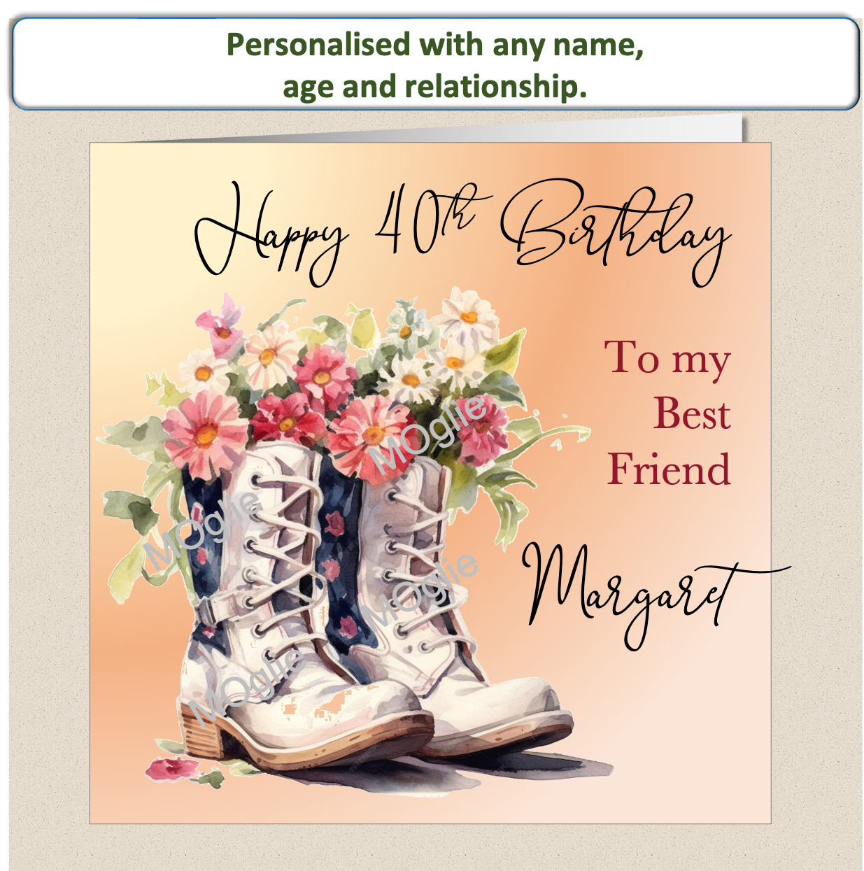 birthday card with walking boot filled with colourful flowers. Floral bloom.  Elegant scroll text