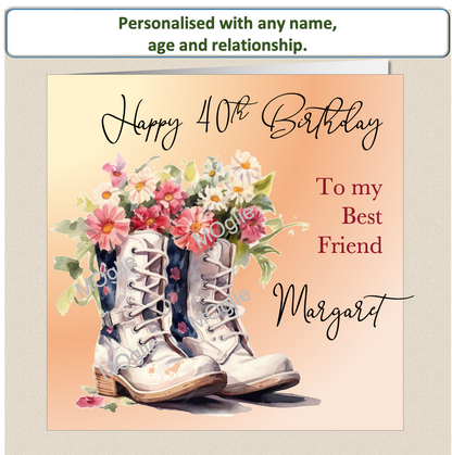 birthday card with walking boot filled with colourful flowers. Floral bloom.  Elegant scroll text