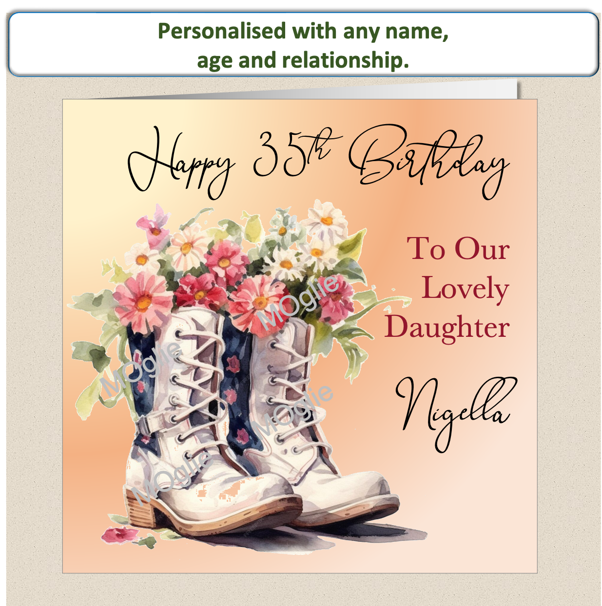 birthday card with walking boot filled with colourful flowers. Floral bloom.  Elegant scroll text