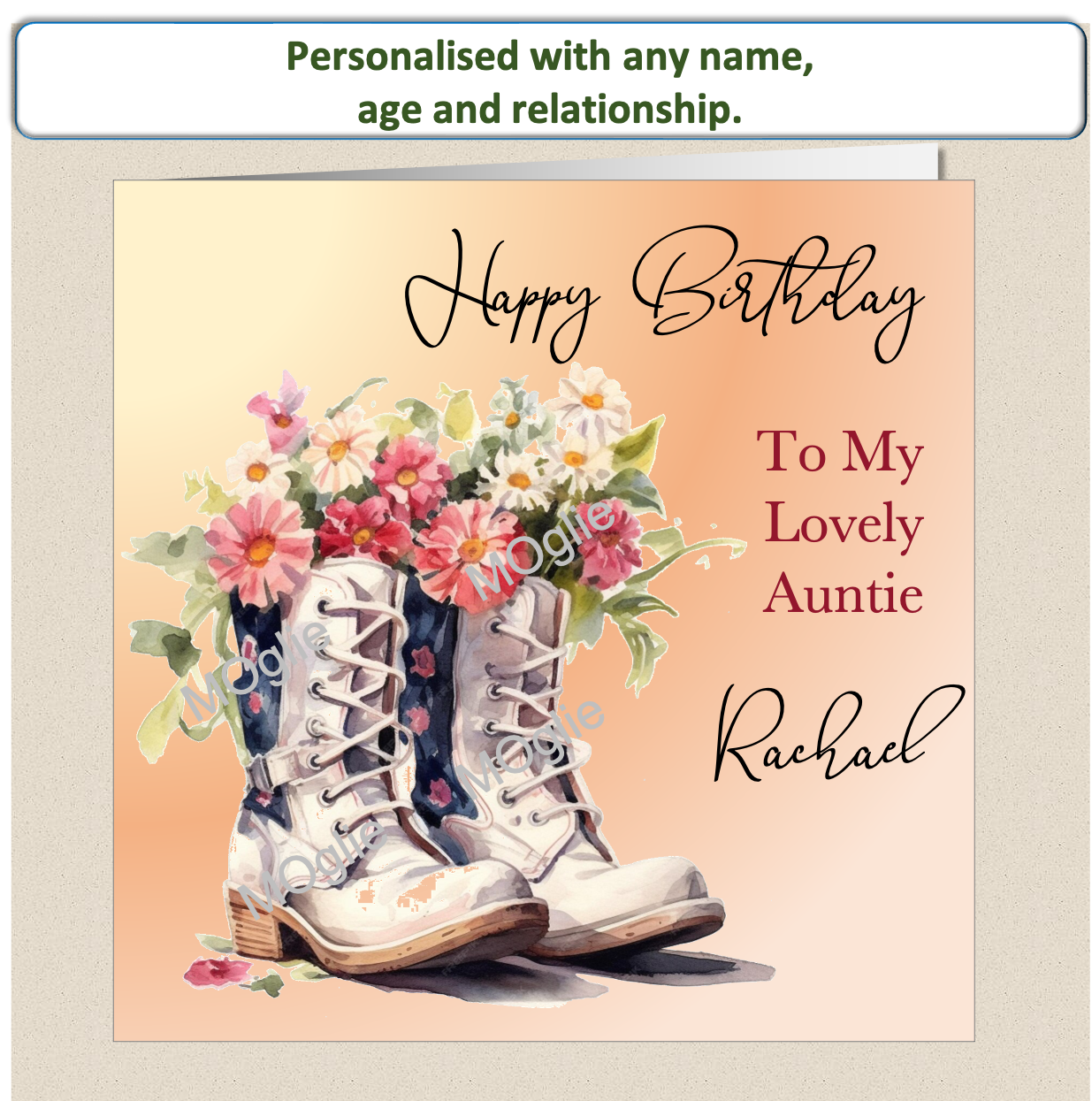 birthday card with walking boot filled with colourful flowers. Floral bloom.  Elegant scroll text