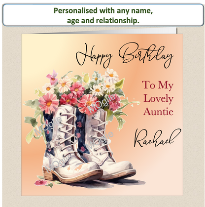 birthday card with walking boot filled with colourful flowers. Floral bloom.  Elegant scroll text