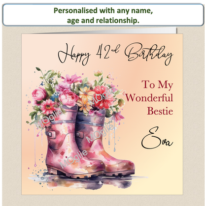 birthday card with walking boot filled with colourful flowers. Floral bloom.  Elegant scroll text