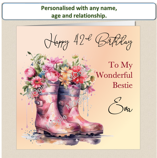 birthday card with walking boot filled with colourful flowers. Floral bloom.  Elegant scroll text