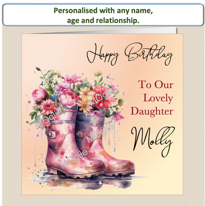 birthday card with walking boot filled with colourful flowers. Floral bloom.  Elegant scroll text
