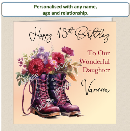 Floral birthday card. Brown walking boot brimming with red flowers.