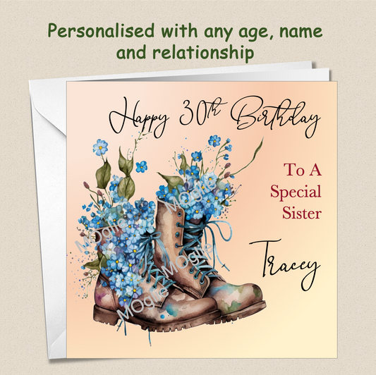 Personalised Birthday Boot Flowers Card Daughter Sister Friend Auntie Female BOOT6