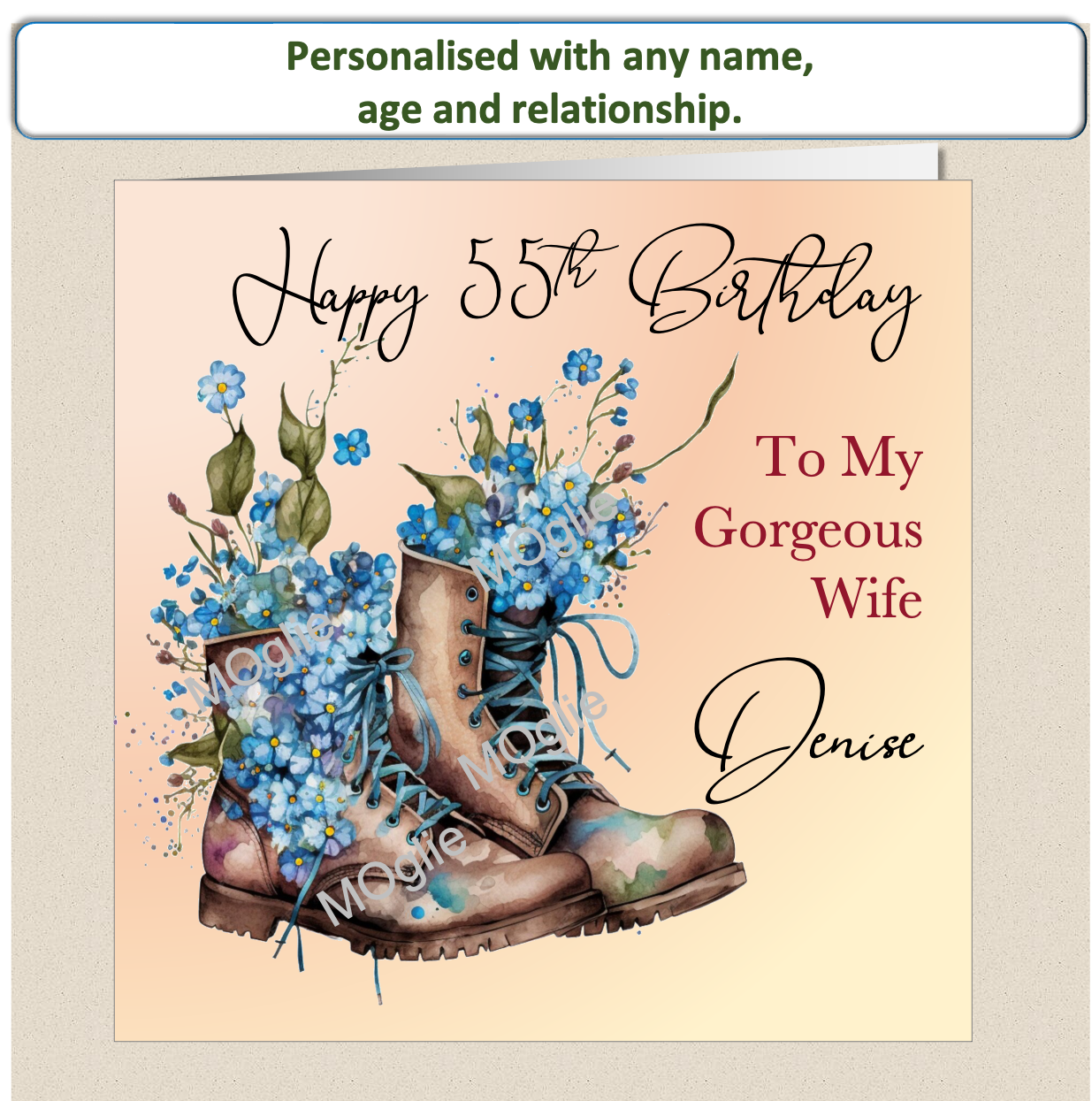 birthday card with walking boot filled with colourful flowers. Floral bloom.  Elegant scroll text