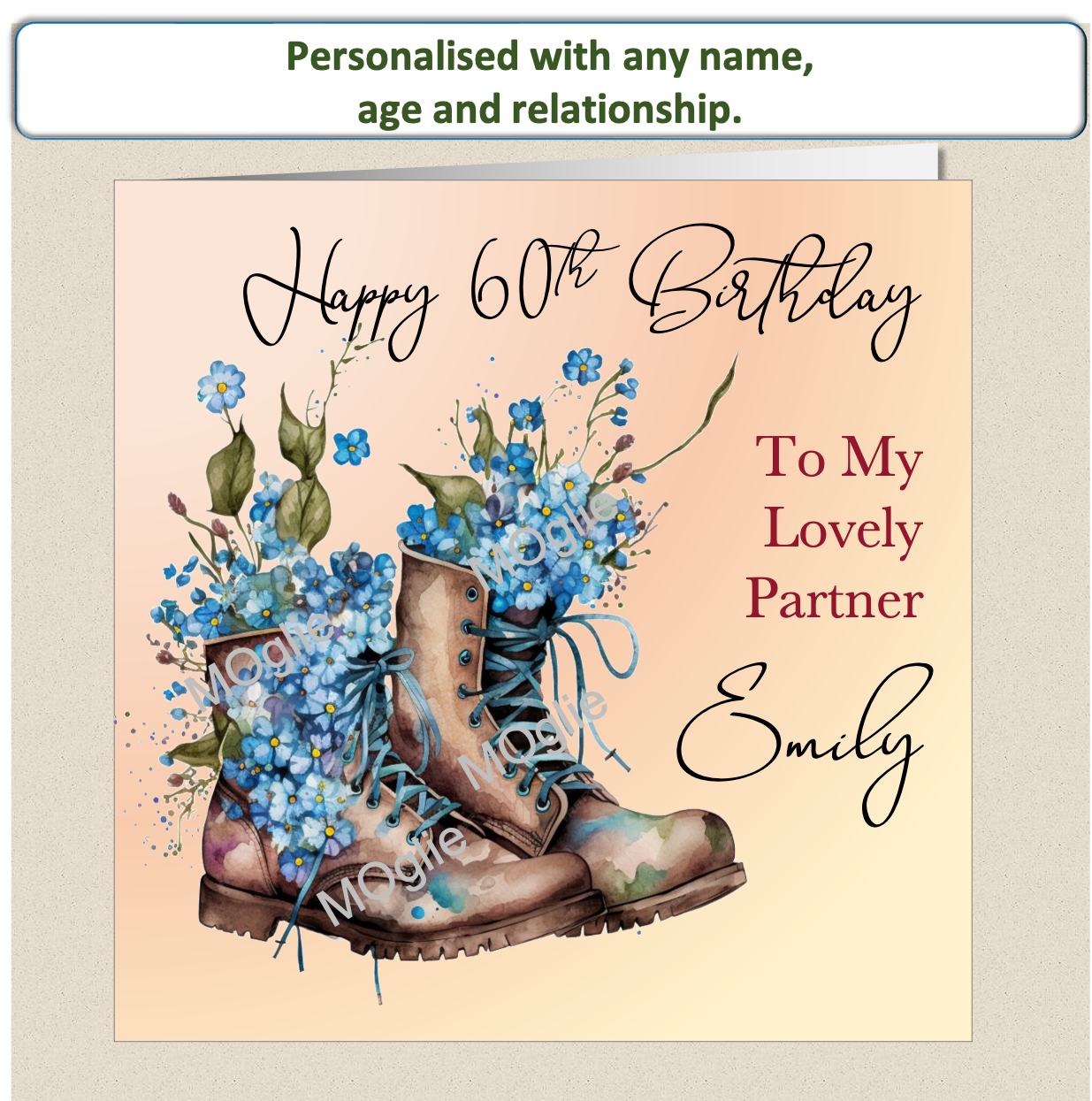 birthday card with walking boot filled with colourful flowers. Floral bloom.  Elegant scroll text