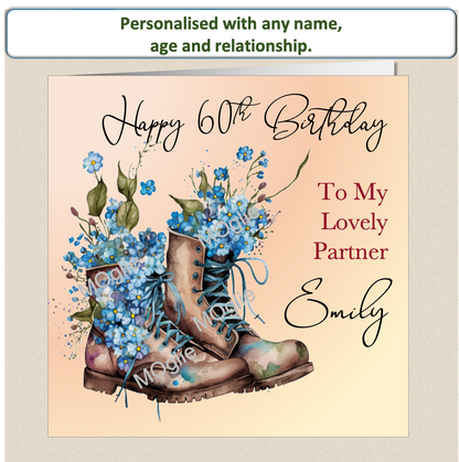 birthday card with walking boot filled with colourful flowers. Floral bloom.  Elegant scroll text
