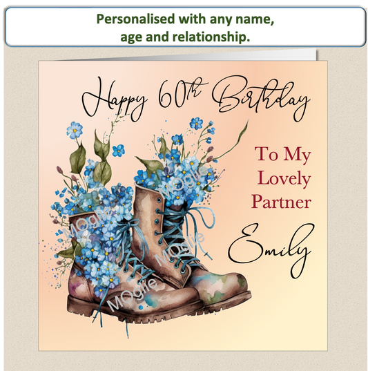 birthday card with walking boot filled with colourful flowers. Floral bloom.  Elegant scroll text