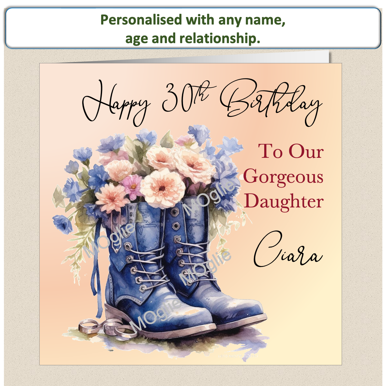 birthday card of walking boot filled with colourful flowers and elegant scroll text