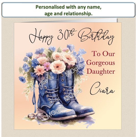 birthday card of walking boot filled with colourful flowers and elegant scroll text