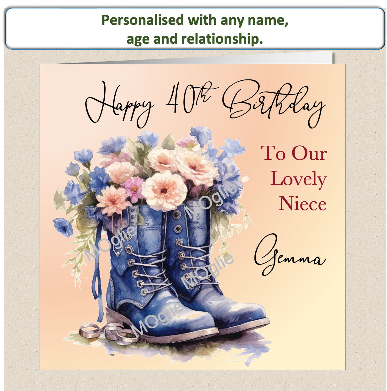 birthday card of walking boot filled with colourful flowers and elegant scroll text