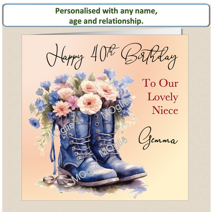 birthday card of walking boot filled with colourful flowers and elegant scroll text