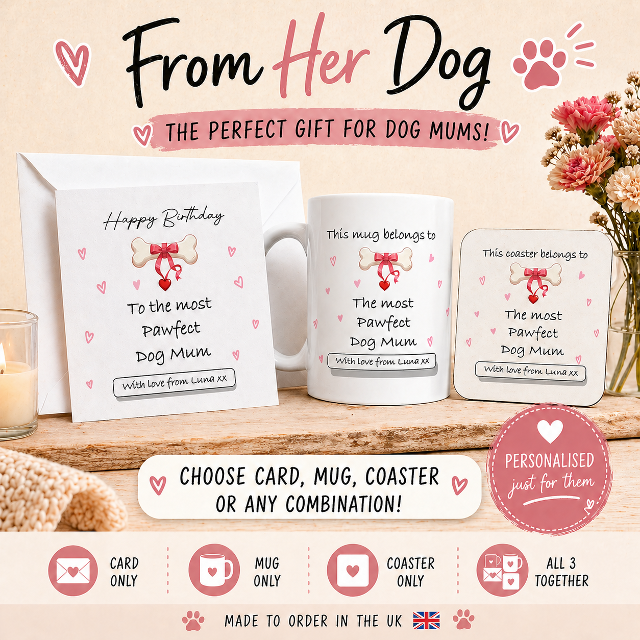 Personalised Dog Mum Gift Set – Custom Card, Mug & Coaster Gift From Her Dog